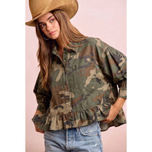 Load image into Gallery viewer, Camo Printed Ruffle Blouse