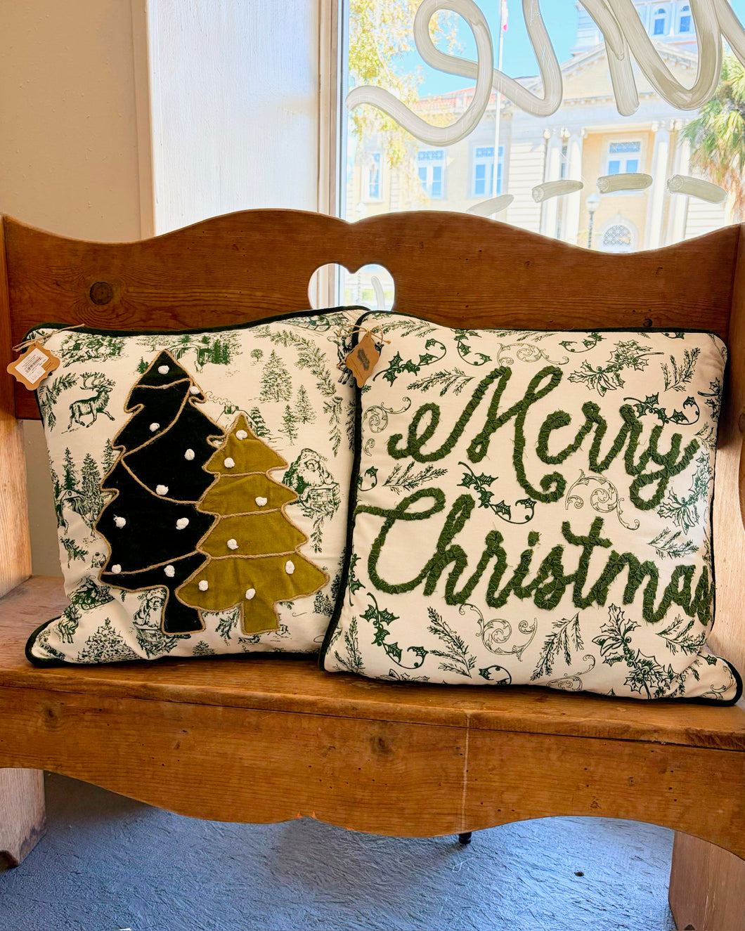 Mud Pie Green Toile Christmas Pillows