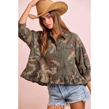 Load image into Gallery viewer, Camo Printed Ruffle Blouse