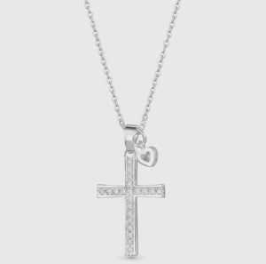 Pave Cross with Heart Droplet Necklace
