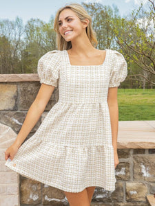 SS Tweed Puff Sleeve Dress : Ivory