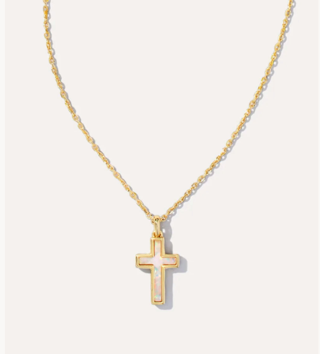 Cross Pendant Necklace Gold White Opal